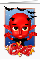 Halloween cute devil and bats Boo card