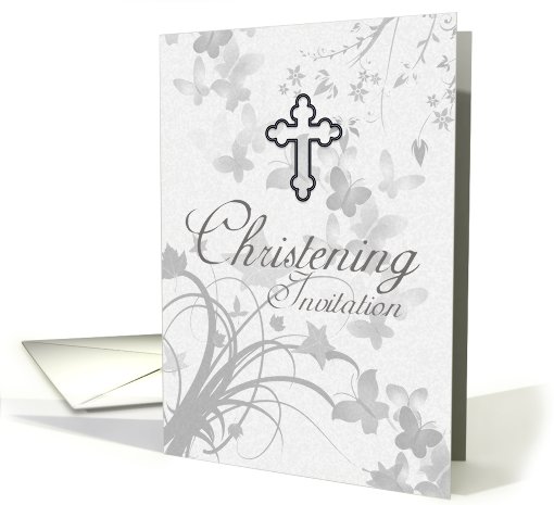 Christening Invitation With Cross And Faded Butterflies... (568177)