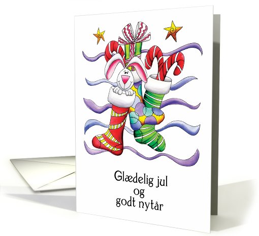 Danish - Christmas Stocking With Rabbit And Gifts - Gldelig jul card