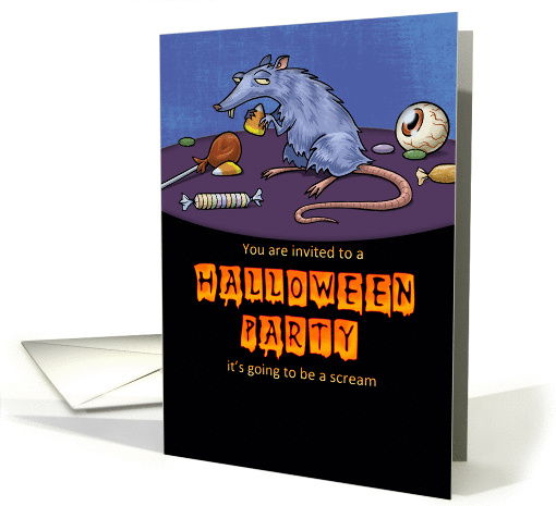 halloween party invitation card with rat eating candy treats card