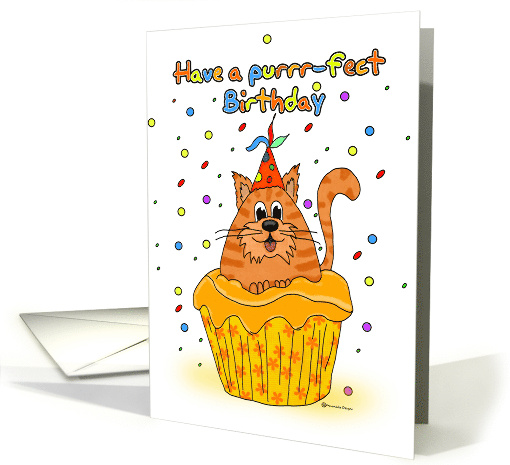 Birthday Ginger Cat Sat in a Cupcake with Party Hat card (857848)