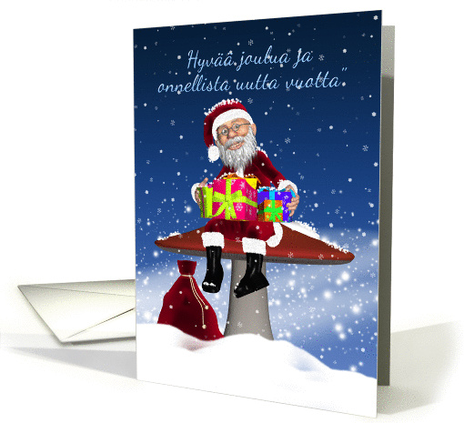 Finnish Holiday Greeting Card With Santa On A Mushroom card (961113)