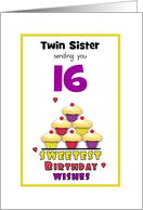 Twin Sister Sweet Sixteen Birthday Colorful Cupcakes Tier Customizable card