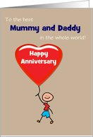 Anniversary Mummy and Daddy Cute Boy and Red Heart Balloon Custom card