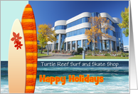 Happy Holidays Surfing Business Christmas Photo Card with Surfboards card