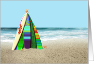 Surfboard Tree with Starfish on Beach by Ocean Blank Card
