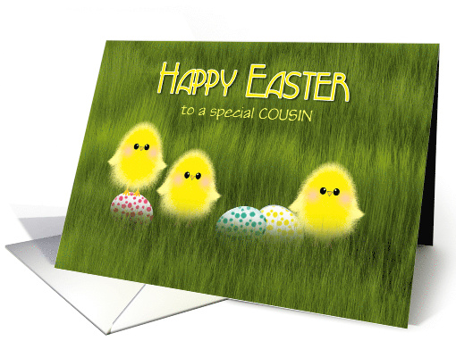 Cousin Happy Easter Cute Chicks in Green Grass Speckled Eggs card