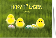 First Easter Jessie Custom Cute Chicks in Green Grass Speckled Eggs card