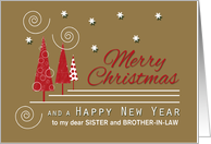 Sister and Brother in Law Red Trees Custom Merry Christmas Snowflakes card