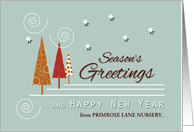 Season’s Greetings from Garden Nursery Business Custom Text Red and Gold Trees card