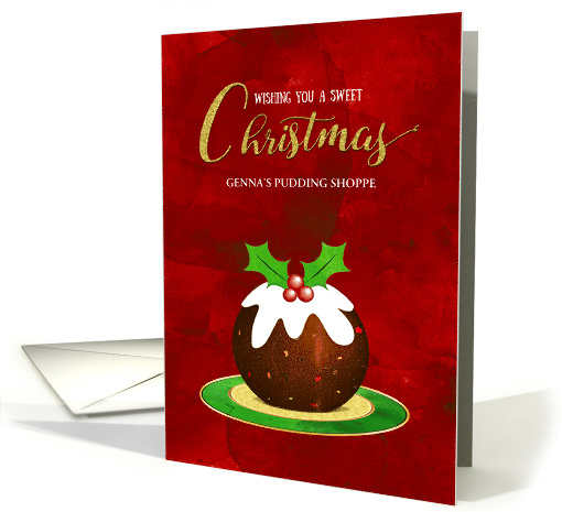 Business Sweet Christmas Pudding on Plate with Holly Custom Name card