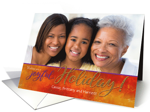 Joyful Holiday Christmas Season Custom Photo Faux Gold and Purple card