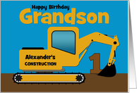 Grandson 1st Birthday Custom Name Yellow Excavator card