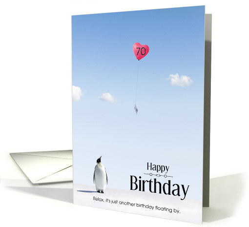 70th Birthday Penguin Looking up at Balloon Floating By card (1522058)