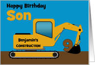 Son 9th Birthday Custom Name Yellow Excavator card