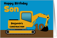 Son 10th Birthday Custom Name Yellow Excavator card