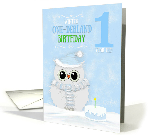 Boy Winter Onederland Birthday First Birthday Snowy Owl and Cake card