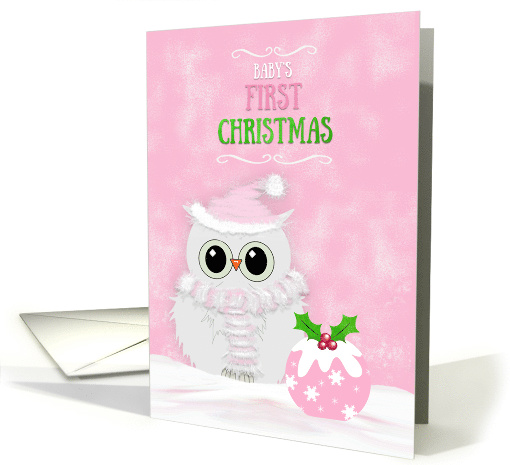 Baby's First Christmas for Girls Snowy Owl and Festive Pudding card