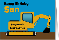 Son Birthday Custom Name Yellow Excavator card