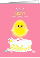 Easter Yellow Chick Cake and Speckled Eggs on Pink card
