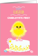 Baby’s First Easter Yellow Chick Cake and Speckled Eggs on Pink Custom card