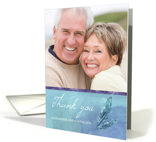 Thank you Photo Card with Blue Feathers Hand Written Look card