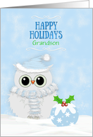 Christmas Grandson Snowy Owl and Festive Pudding Happy Holidays Blue card