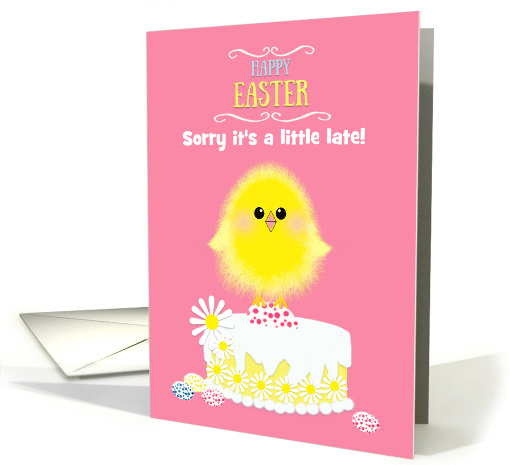 Belated Easter Yellow Chick on Cake Speckled Eggs Pink Custom card