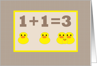 Baby Announcement Simple Math 1+1=3 Taupe and Yellow Rubber Duckies card