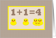 Twins Baby Announcement Math 1+1=4 Taupe and Yellow Rubber Duckies card