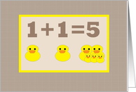 Triplets Baby Announcement Math 1+1=5 Taupe and Yellow Rubber Duckies card