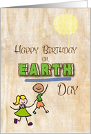 Happy Birthday on Earth Day Stick Kids Word Art and Sun card