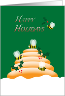 Happy Holidays Christmas Honey Bees, Holly and Hive card