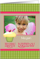 Happy Birthday Cupcake Pink and Green Plaid Your Photo card