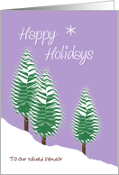 Happy Holidays Vendor Custom Text Evergreen Trees in Snow Lavender card