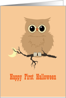 First Halloween Cute Owl on Tree Branch with Moon card