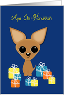 Happy Hanukkah Tan Cartoon Chihuahua and Presents Humor card
