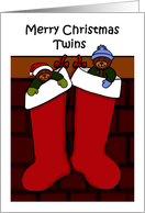 Merry Christmas twin bears in stockings card