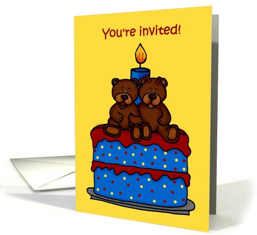 boy girl twin bears on a birthday cake party invitation card (560191)