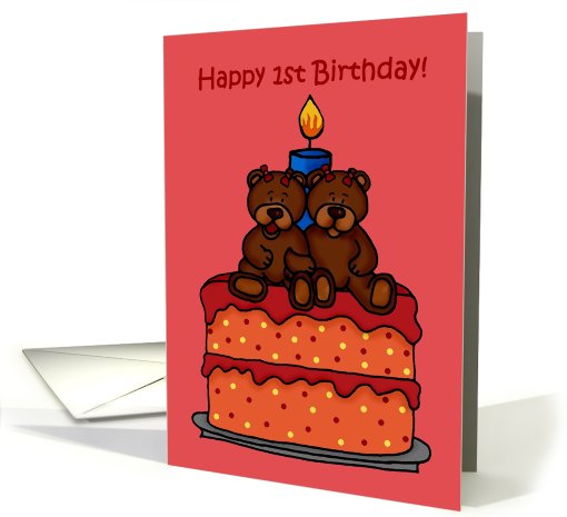 twin girl bears on a 1st birthday cake card (561096)