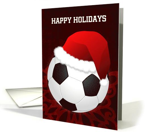 Soccer Ball Wearing Santa Claus Hat on Red Back Custom Text card