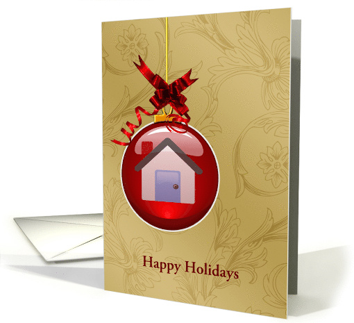 Hanging Red Ornament with Red Bow and House Symbol Custom Text card