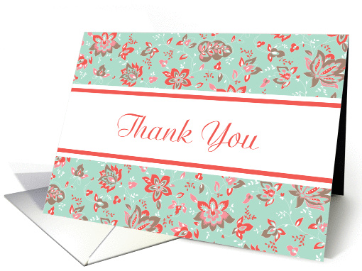 Thank You Pastel Aqua Coral Elegant Floral Damask Blank Inside card