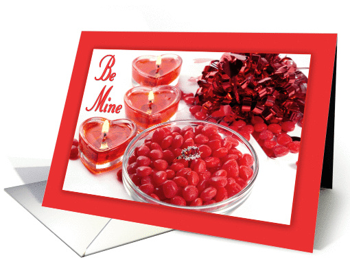 Be Mine - Valentine with Heart Candles, Bow and Ruby Ring card