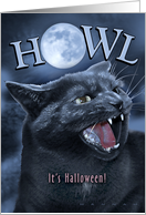 Black Cat Howling at the Full Moon on Halloween Night card