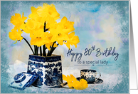 80th Birthday, Lady, Daffodils in Vintage Vase by cup,Blue and White card
