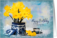 Birthday, Secret Pal, Daffodils in Vintage Vase by Coffee Cup card
