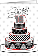 Sweet Sixteen - Birthday Party Invitation - Black/White/Red Cake card