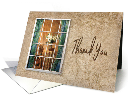 Thank You, View through Old Weathered Window into Home, Blank card