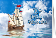 10th Birthday Party Invitation, Ship with Sails on Water card